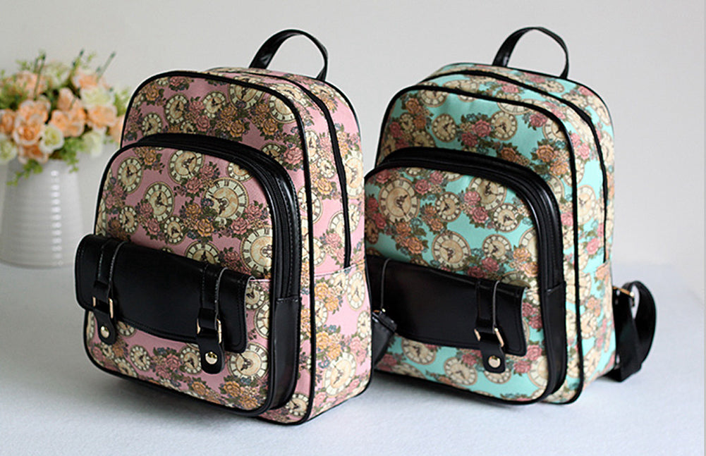 Vintage Clock Floral Backpack, Multi-Compartment Casual Daypack