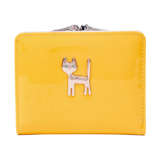 DAMARA Short Purses for Women - Shiny Faux Leather Cat Charm Card Holder with Coin Pouch