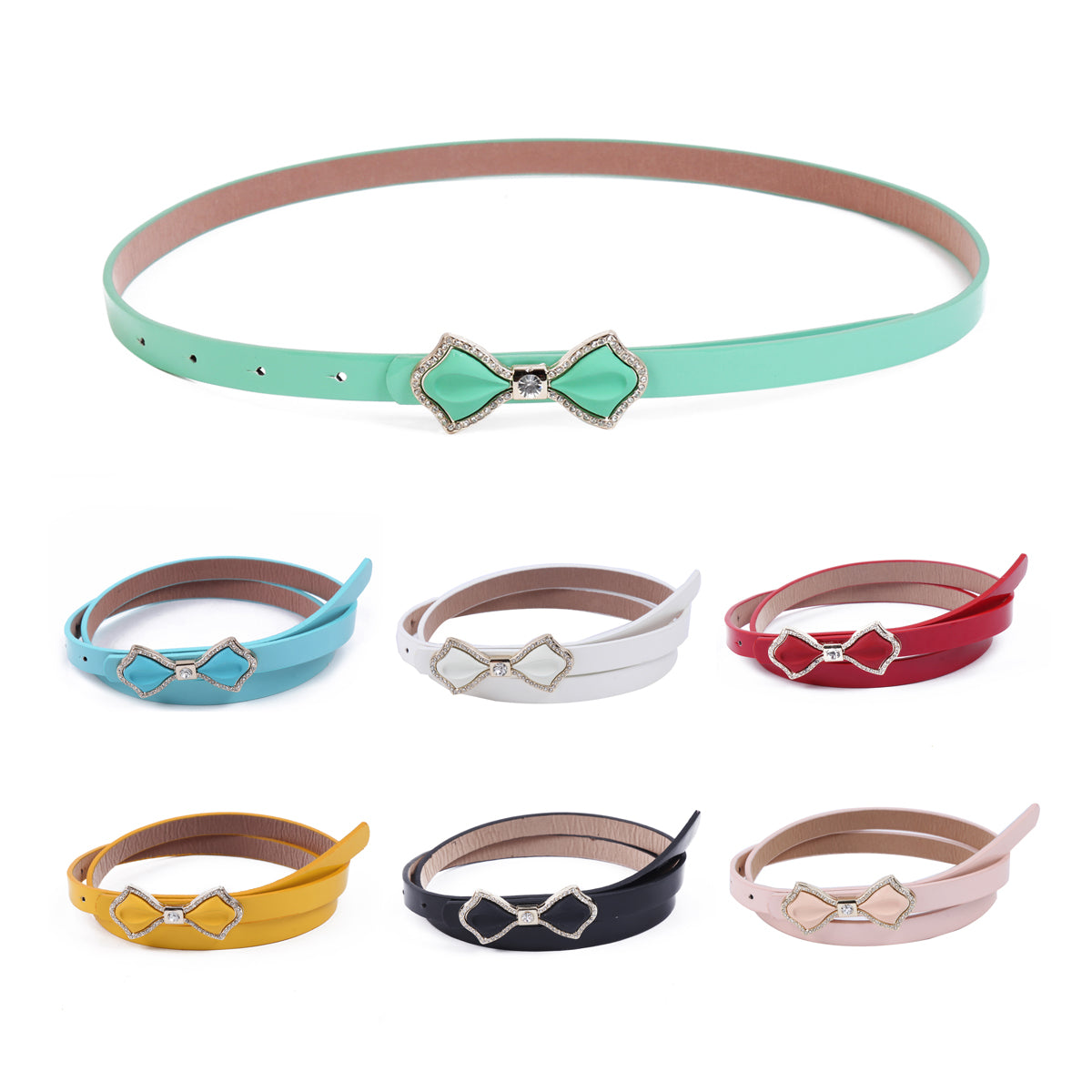 Shiny Faux Leather Bowknot Rhinestone Slim Belt for Women