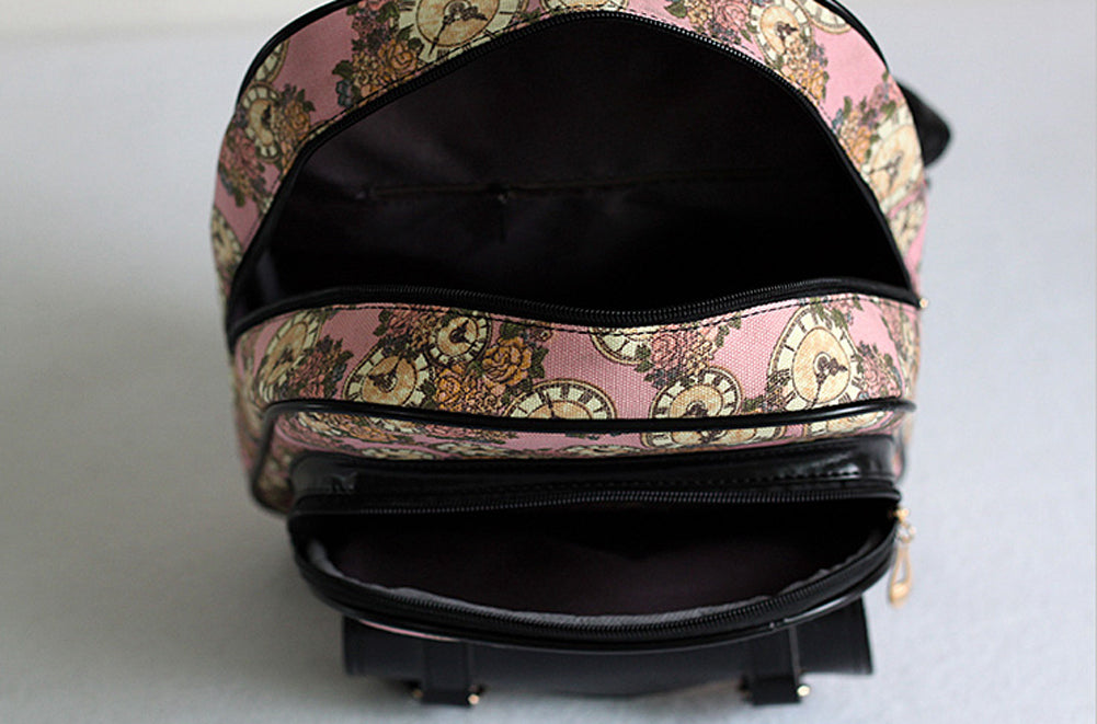 Vintage Clock Floral Backpack, Multi-Compartment Casual Daypack
