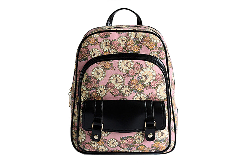 Vintage Clock Floral Backpack, Multi-Compartment Casual Daypack