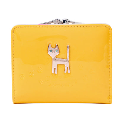 DAMARA Short Purses for Women - Shiny Faux Leather Cat Charm Card Holder with Coin Pouch