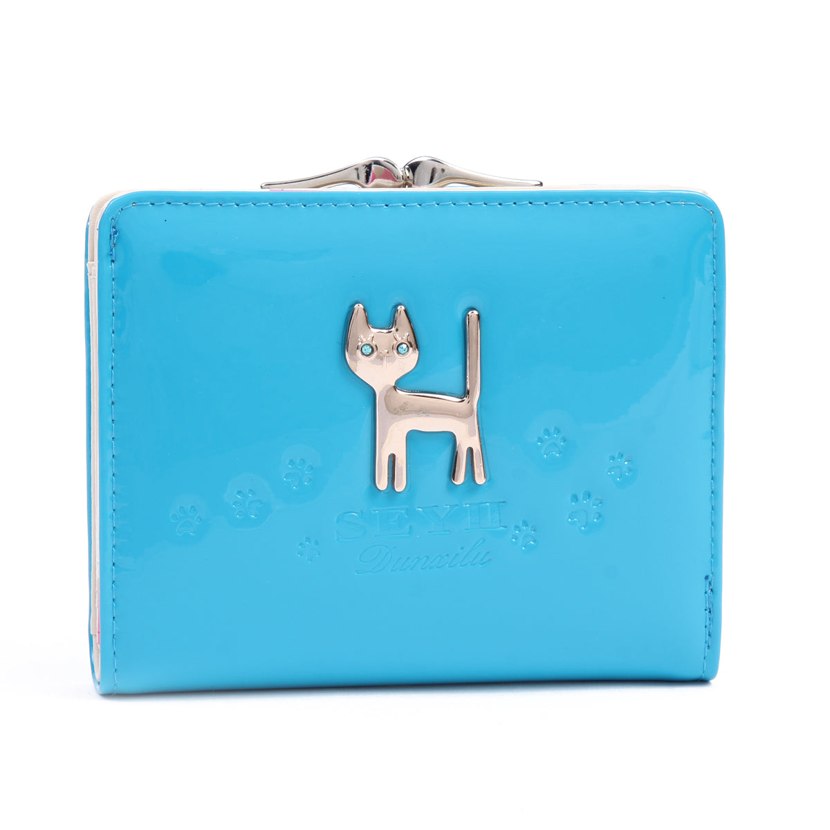 DAMARA Short Purses for Women - Shiny Faux Leather Cat Charm Card Holder with Coin Pouch
