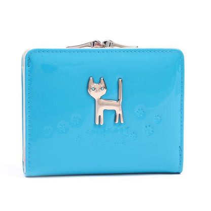 DAMARA Short Purses for Women - Shiny Faux Leather Cat Charm Card Holder with Coin Pouch