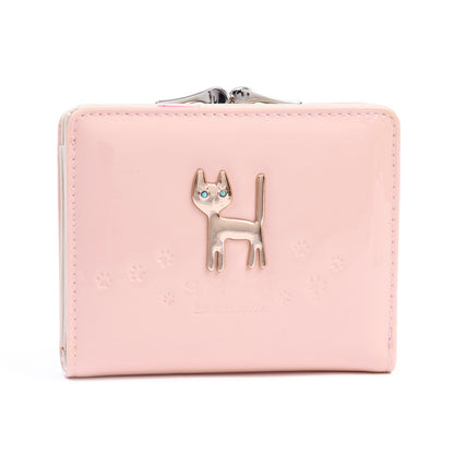 DAMARA Short Purses for Women - Shiny Faux Leather Cat Charm Card Holder with Coin Pouch