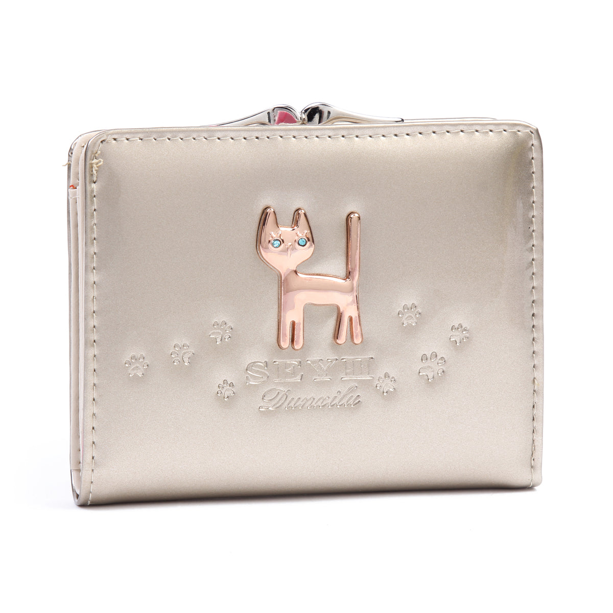 DAMARA Short Purses for Women - Shiny Faux Leather Cat Charm Card Holder with Coin Pouch