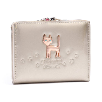 DAMARA Short Purses for Women - Shiny Faux Leather Cat Charm Card Holder with Coin Pouch