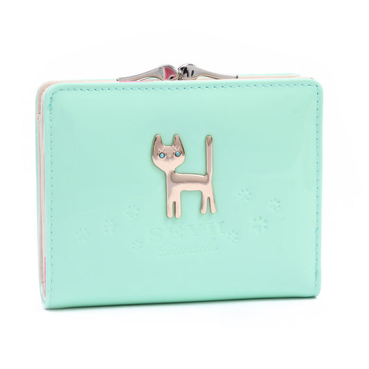 DAMARA Short Purses for Women - Shiny Faux Leather Cat Charm Card Holder with Coin Pouch