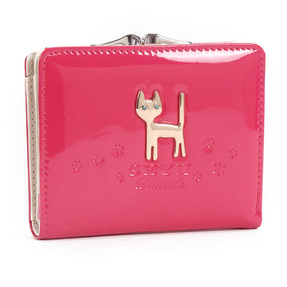 DAMARA Short Purses for Women - Shiny Faux Leather Cat Charm Card Holder with Coin Pouch