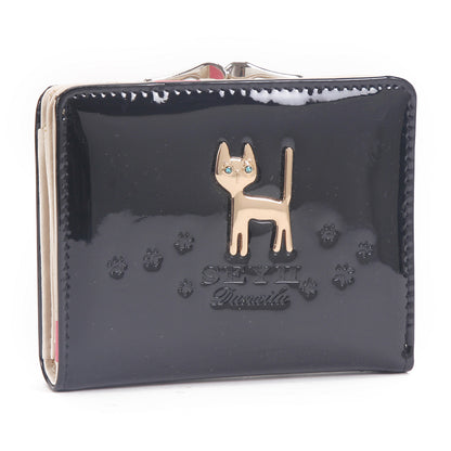 DAMARA Short Purses for Women - Shiny Faux Leather Cat Charm Card Holder with Coin Pouch