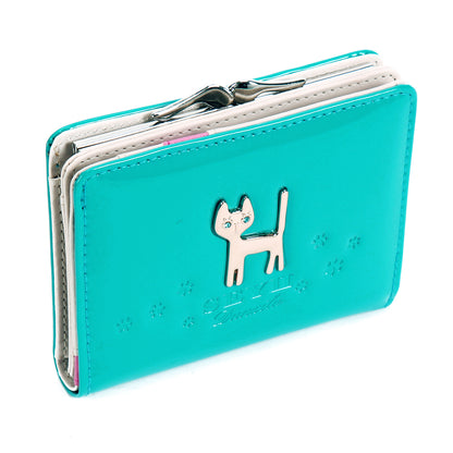 DAMARA Short Purses for Women - Shiny Faux Leather Cat Charm Card Holder with Coin Pouch