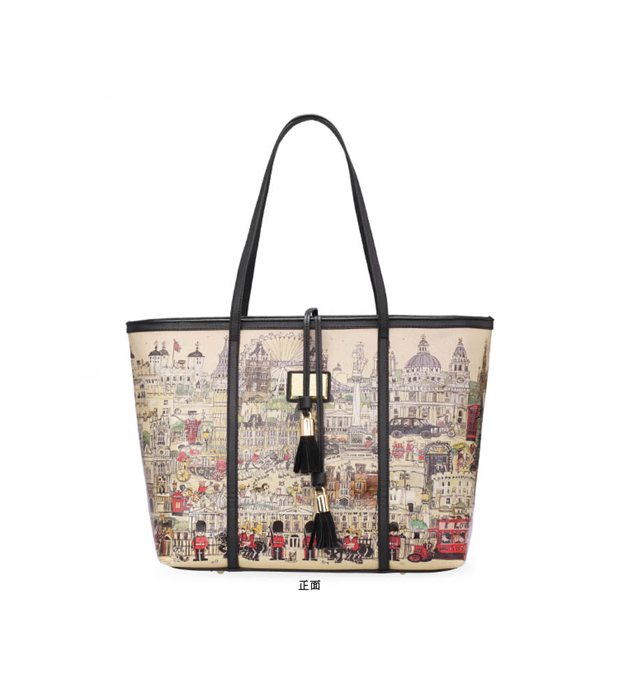 London City Print PU Leather Tote Bag with Detachable Pouch