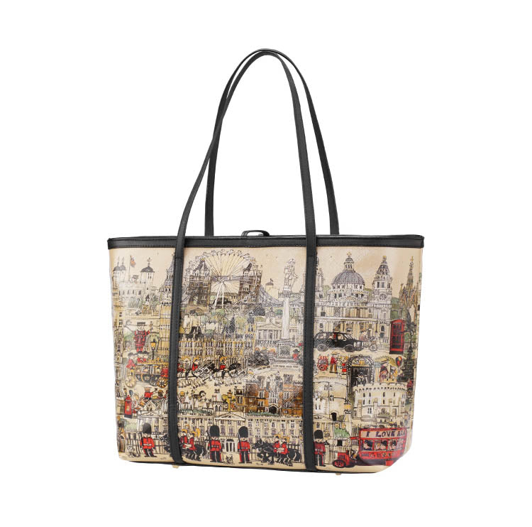 London City Print PU Leather Tote Bag with Detachable Pouch