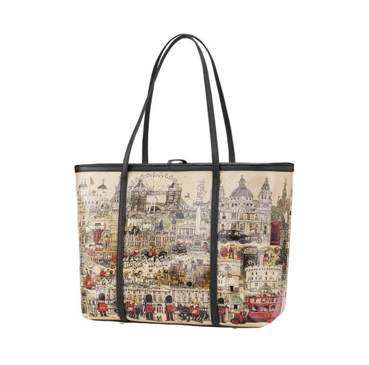 London City Print PU Leather Tote Bag with Detachable Pouch