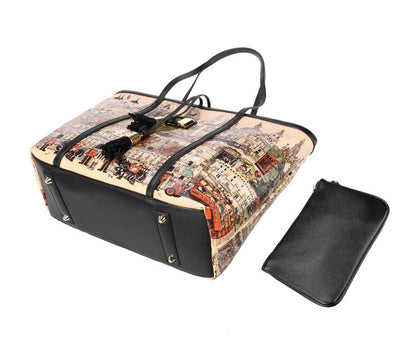London City Print PU Leather Tote Bag with Detachable Pouch