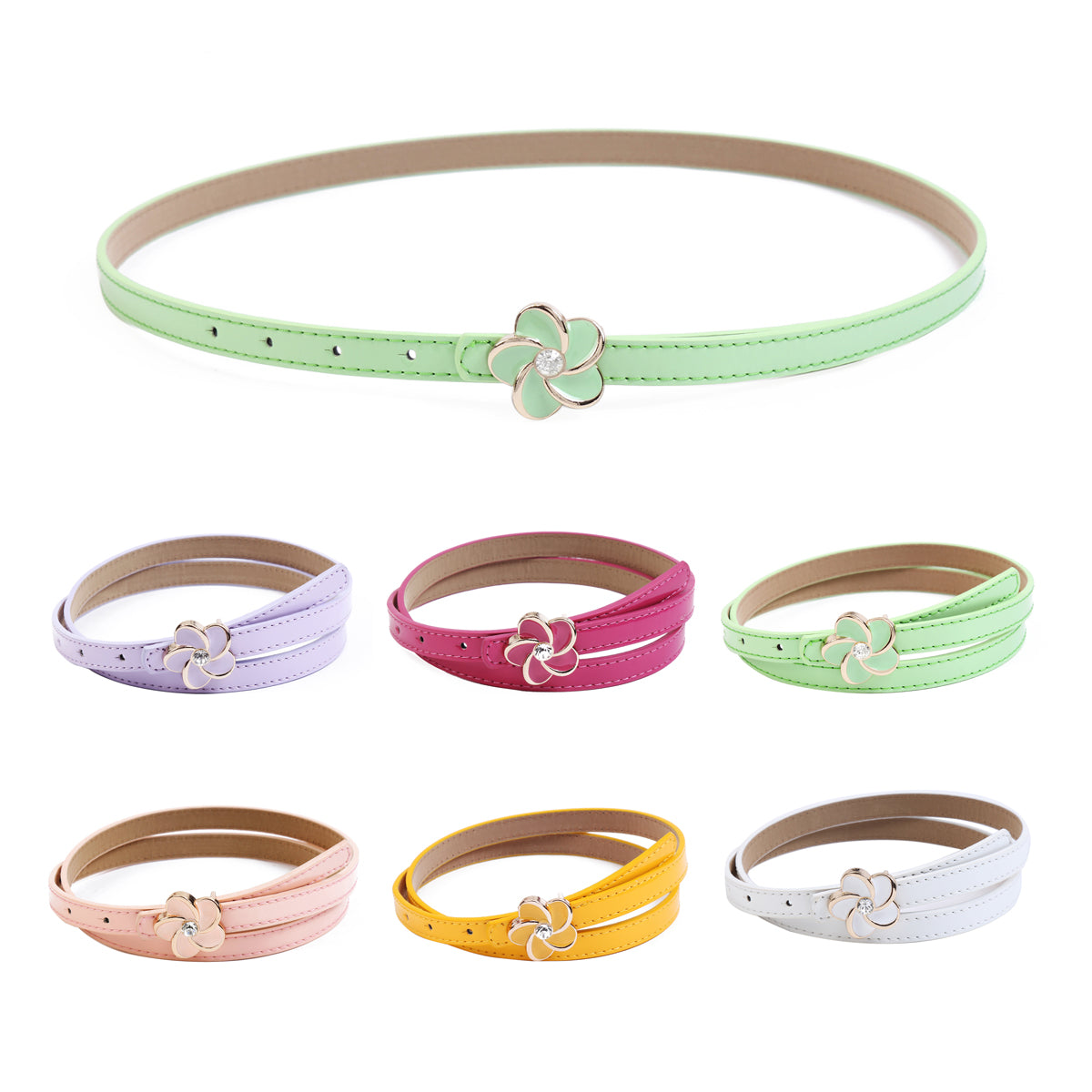 Women's Thin Double-Layer Patent Leather Belt with Flower Rhinestone Buckle