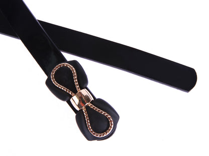 Bow Decor Skinny Faux Leather Belt, Women's Fashion Waist Belt with Gold-Tone Accent
