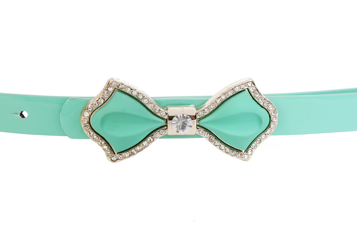 Shiny Faux Leather Bowknot Rhinestone Slim Belt for Women