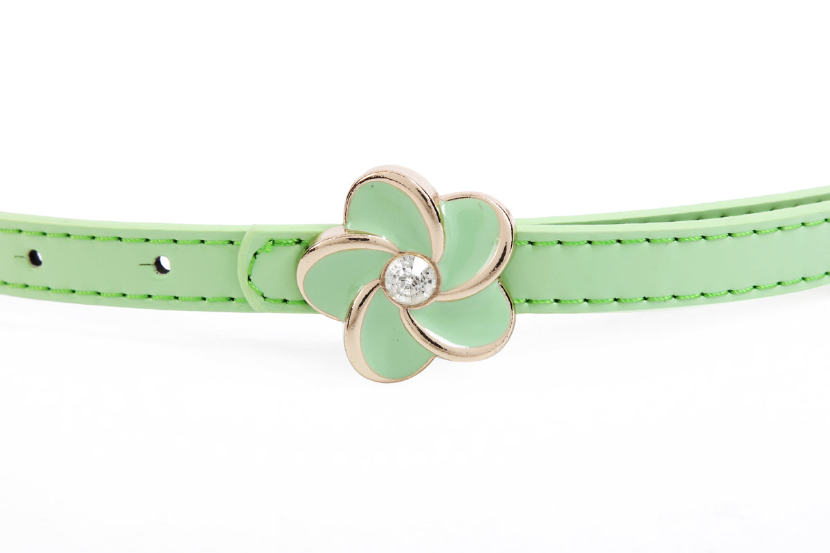 Women's Thin Double-Layer Patent Leather Belt with Flower Rhinestone Buckle