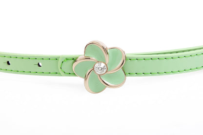 Women's Thin Double-Layer Patent Leather Belt with Flower Rhinestone Buckle