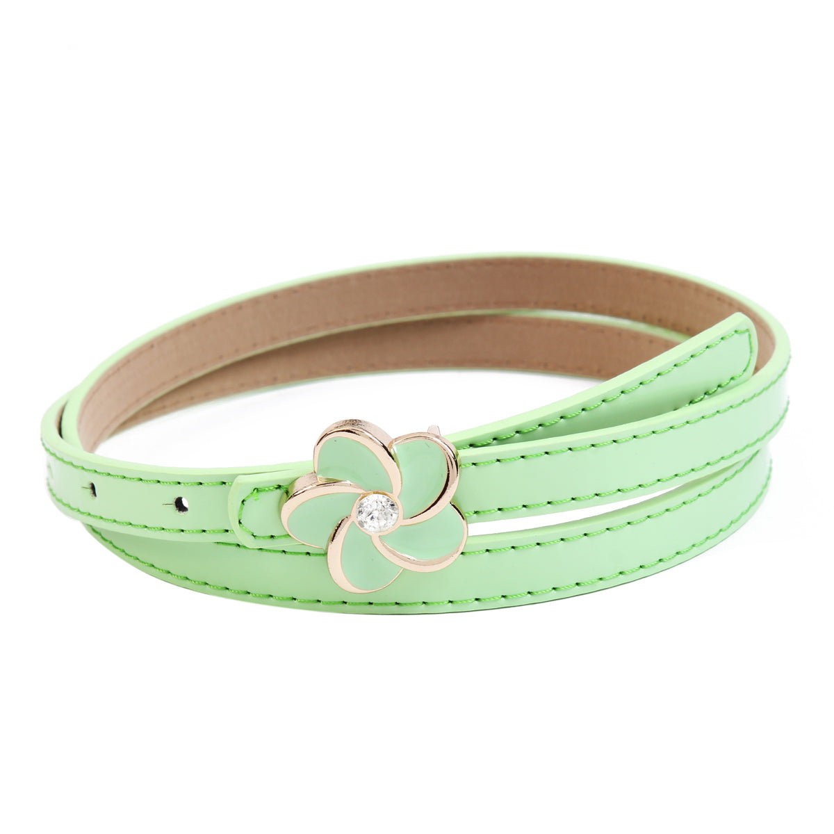 Women's Thin Double-Layer Patent Leather Belt with Flower Rhinestone Buckle