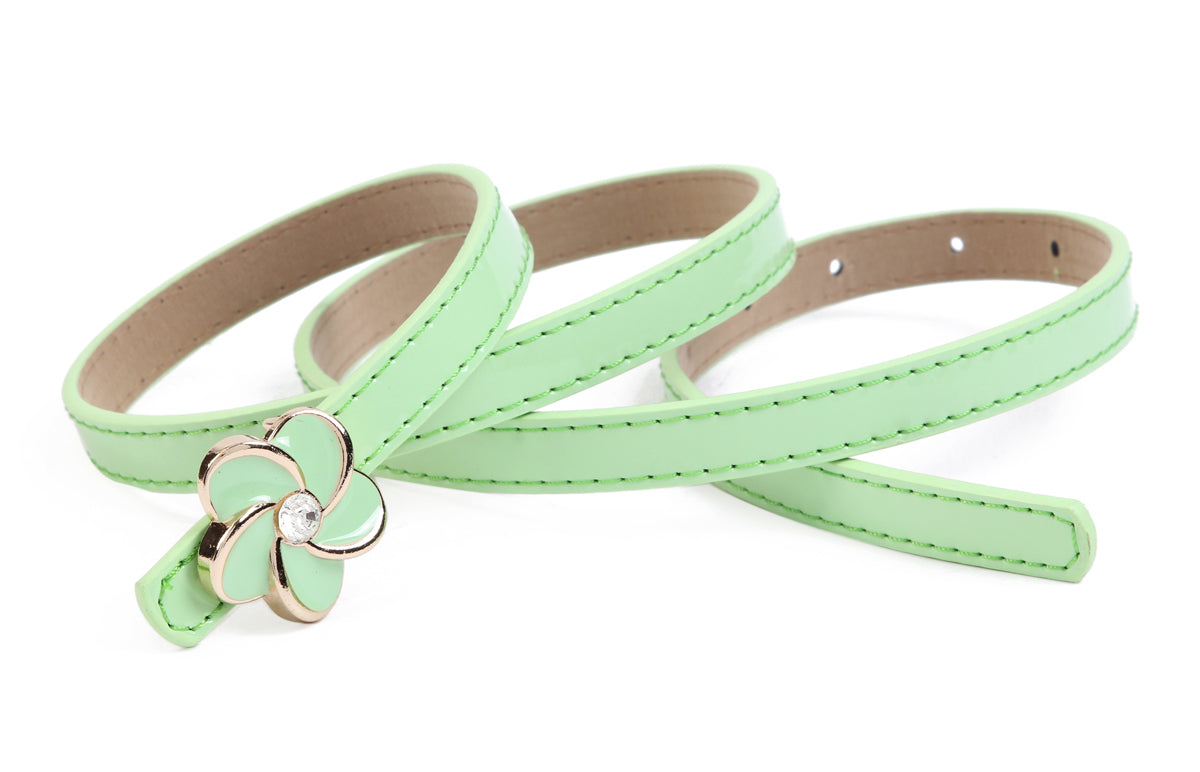 Women's Thin Double-Layer Patent Leather Belt with Flower Rhinestone Buckle