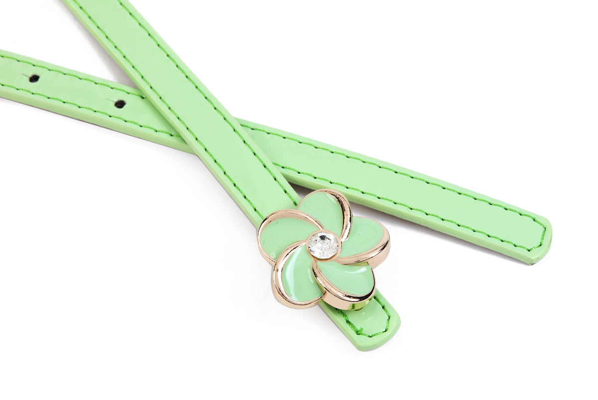 Women's Thin Double-Layer Patent Leather Belt with Flower Rhinestone Buckle