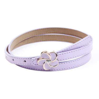 Women's Thin Double-Layer Patent Leather Belt with Flower Rhinestone Buckle
