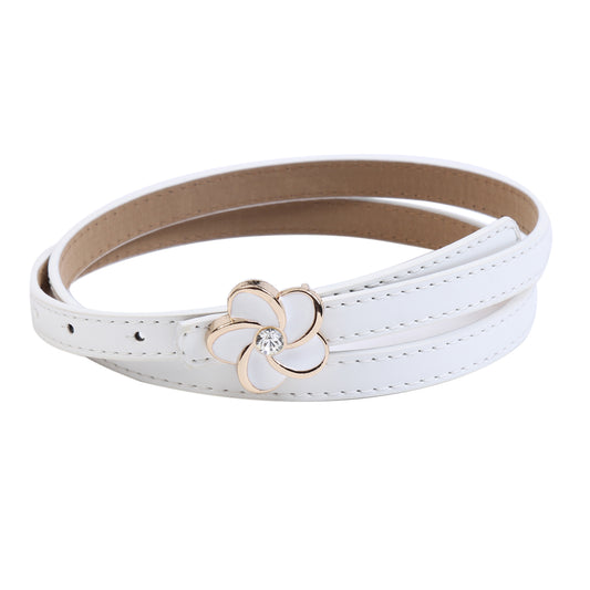 Women's Thin Double-Layer Patent Leather Belt with Flower Rhinestone Buckle