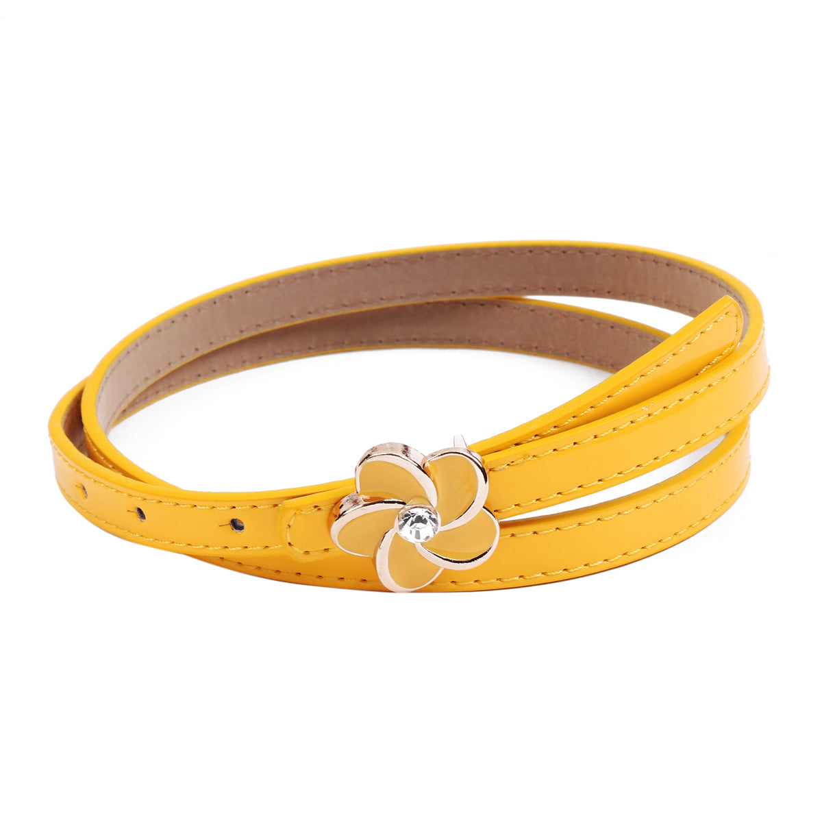 Women's Thin Double-Layer Patent Leather Belt with Flower Rhinestone Buckle