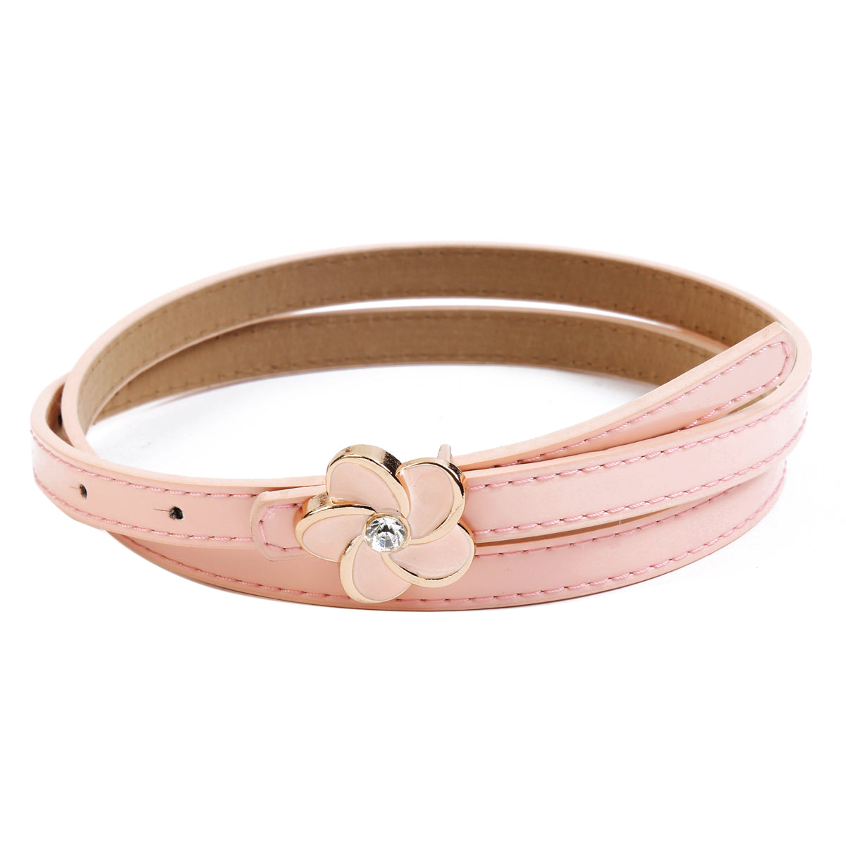 Women's Thin Double-Layer Patent Leather Belt with Flower Rhinestone Buckle