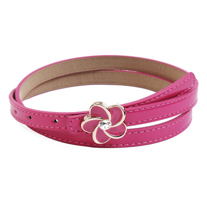Women's Thin Double-Layer Patent Leather Belt with Flower Rhinestone Buckle
