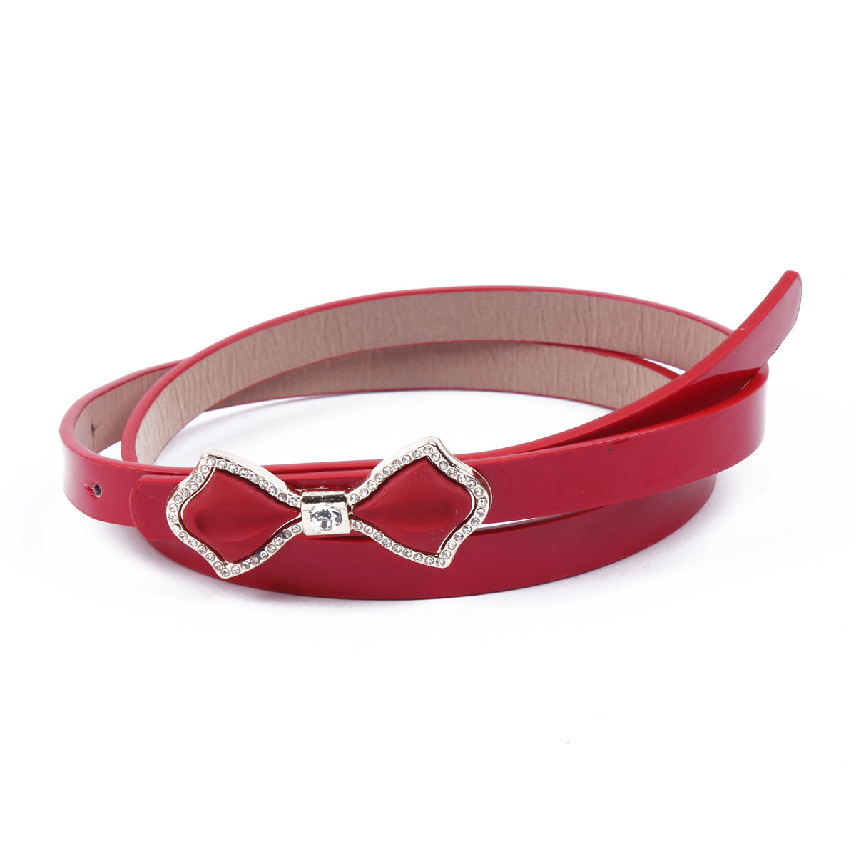 Shiny Faux Leather Bowknot Rhinestone Slim Belt for Women