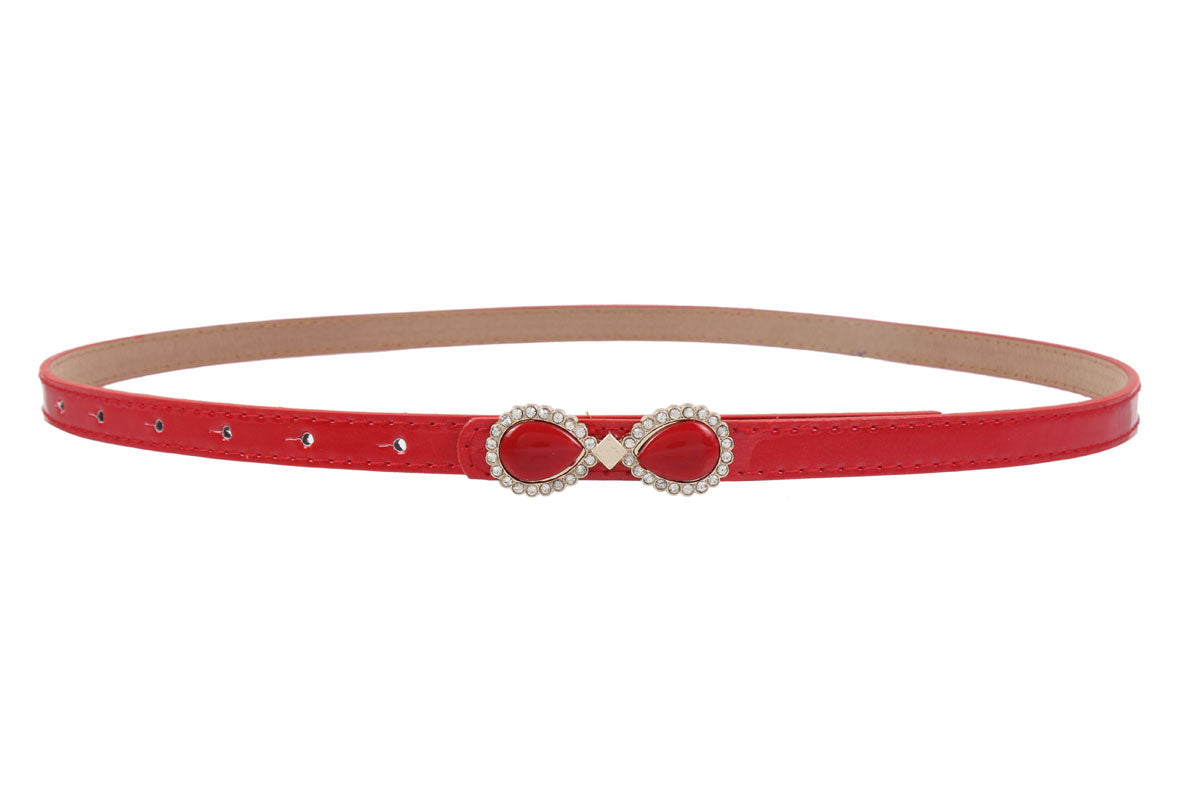 Women's Thin Patent Leather Belt with Double Teardrop Rhinestone Buckle