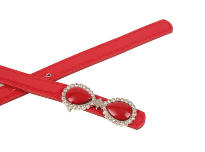 Women's Thin Patent Leather Belt with Double Teardrop Rhinestone Buckle