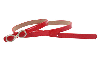 Women's Thin Patent Leather Belt with Double Teardrop Rhinestone Buckle