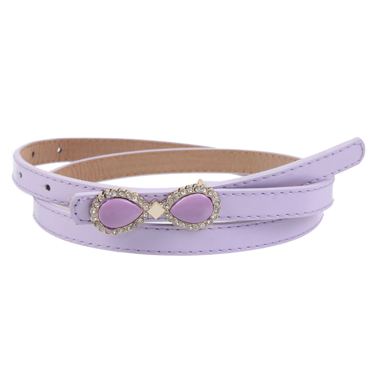 Women's Thin Patent Leather Belt with Double Teardrop Rhinestone Buckle