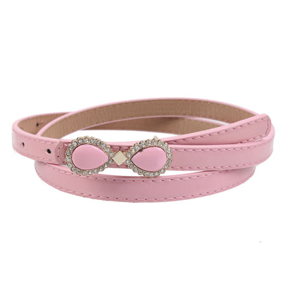 Women's Thin Patent Leather Belt with Double Teardrop Rhinestone Buckle