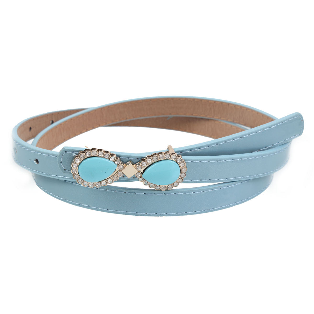 Women's Thin Patent Leather Belt with Double Teardrop Rhinestone Buckle
