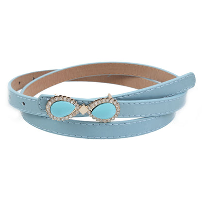 Women's Thin Patent Leather Belt with Double Teardrop Rhinestone Buckle