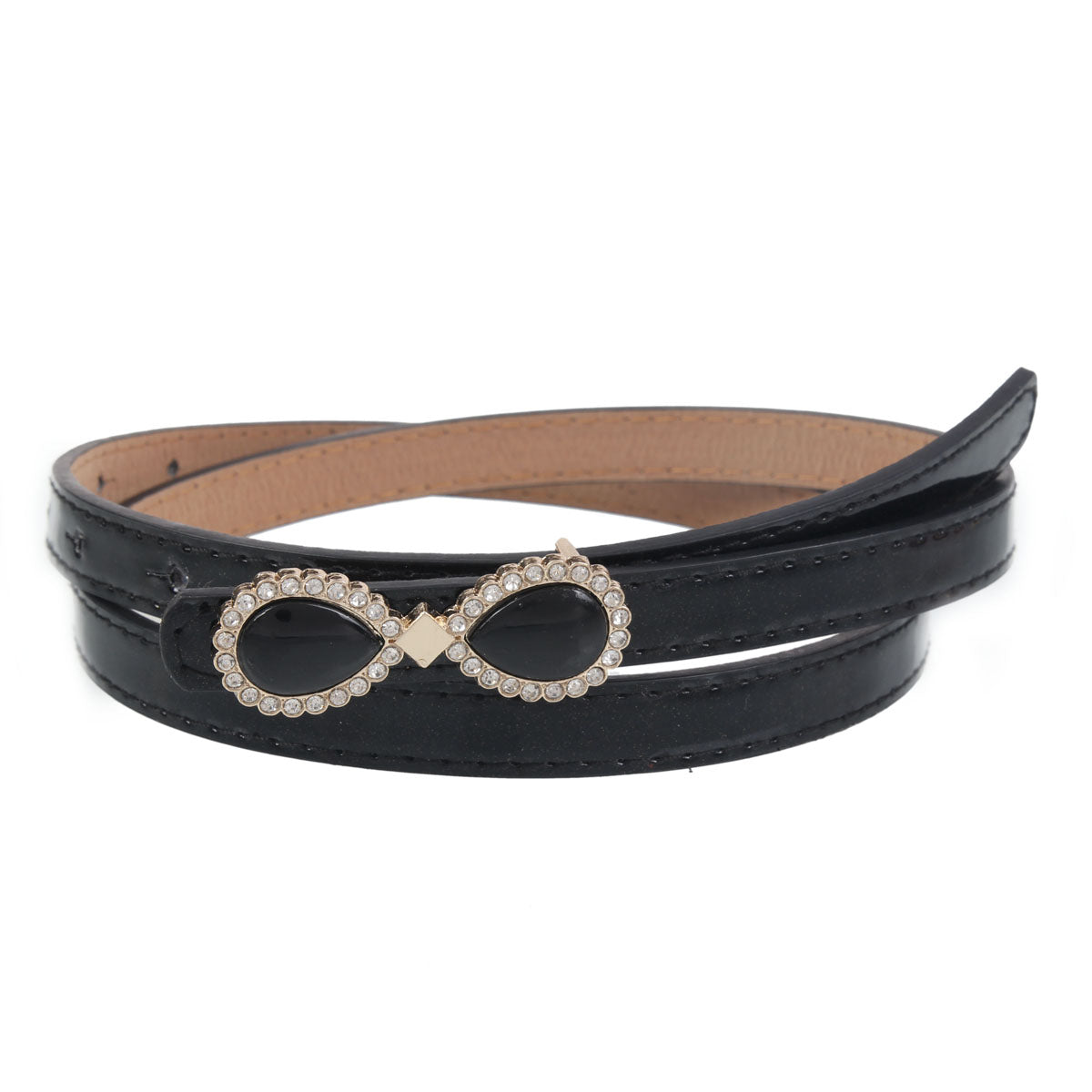 Women's Thin Patent Leather Belt with Double Teardrop Rhinestone Buckle