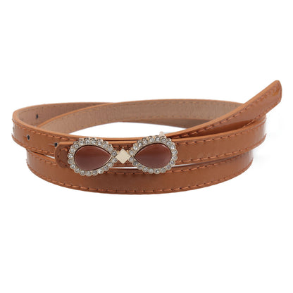Women's Thin Patent Leather Belt with Double Teardrop Rhinestone Buckle