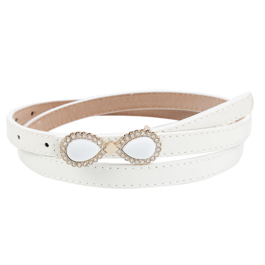 Women's Thin Patent Leather Belt with Double Teardrop Rhinestone Buckle