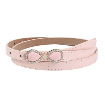 Women's Thin Patent Leather Belt with Double Teardrop Rhinestone Buckle