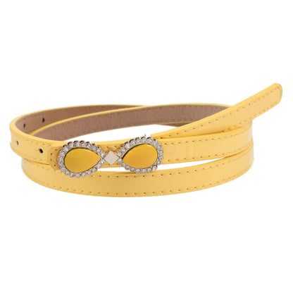 Women's Thin Patent Leather Belt with Double Teardrop Rhinestone Buckle