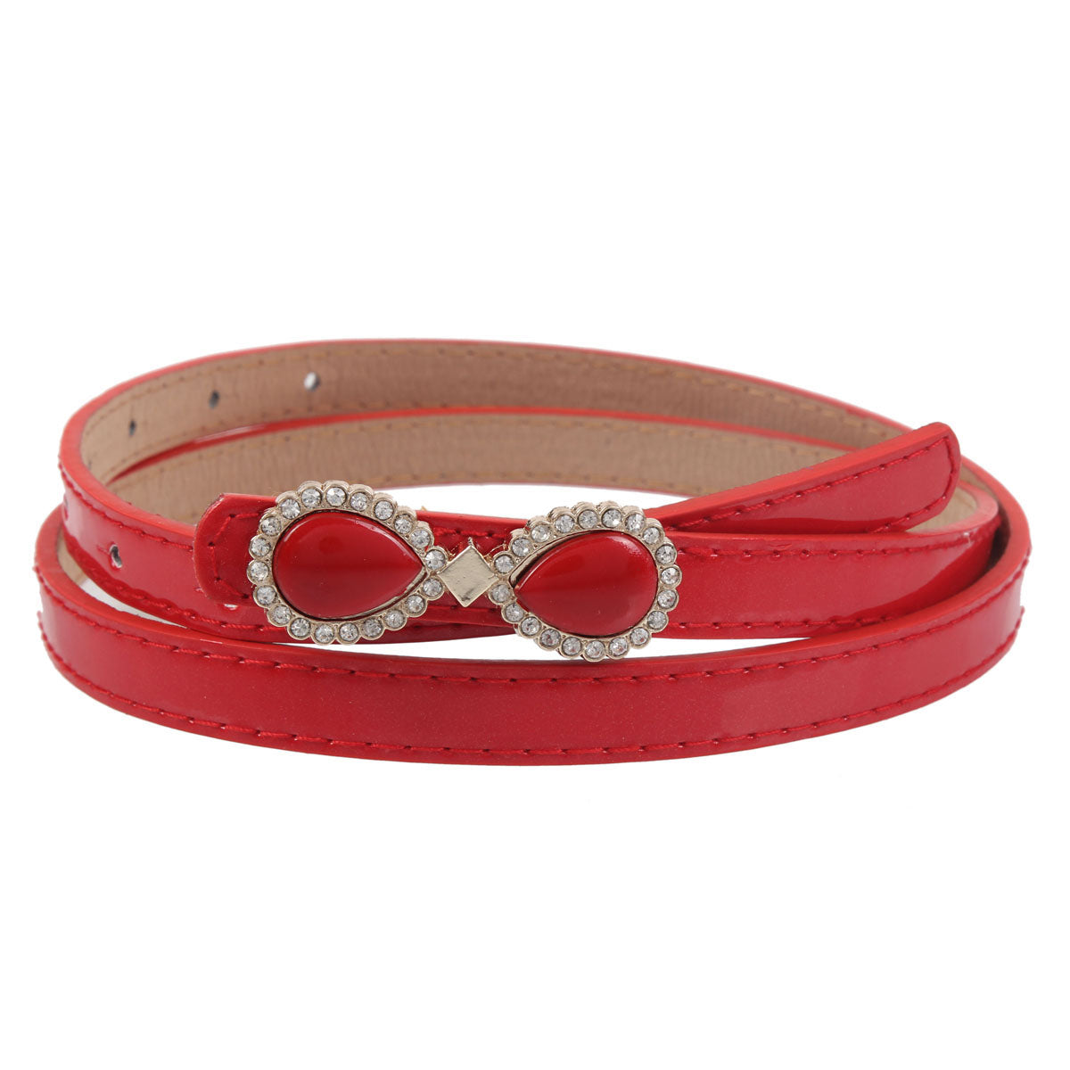 Women's Thin Patent Leather Belt with Double Teardrop Rhinestone Buckle