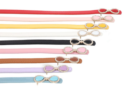 Women's Thin Patent Leather Belt with Double Teardrop Rhinestone Buckle