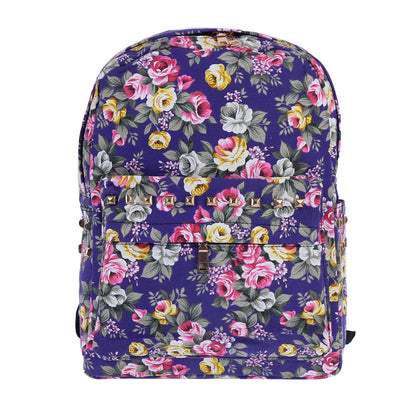 Floral Rivet Canvas Backpack, Vintage Style Daypack for Women
