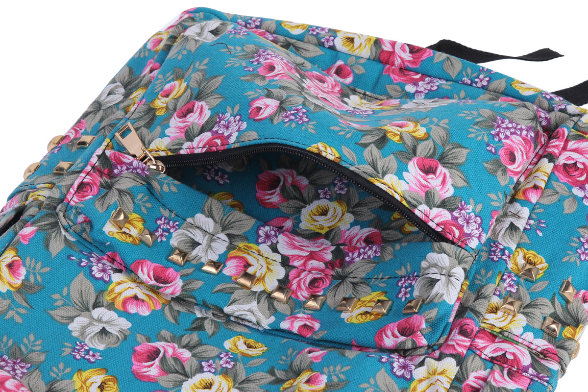 Floral Rivet Canvas Backpack, Vintage Style Daypack for Women
