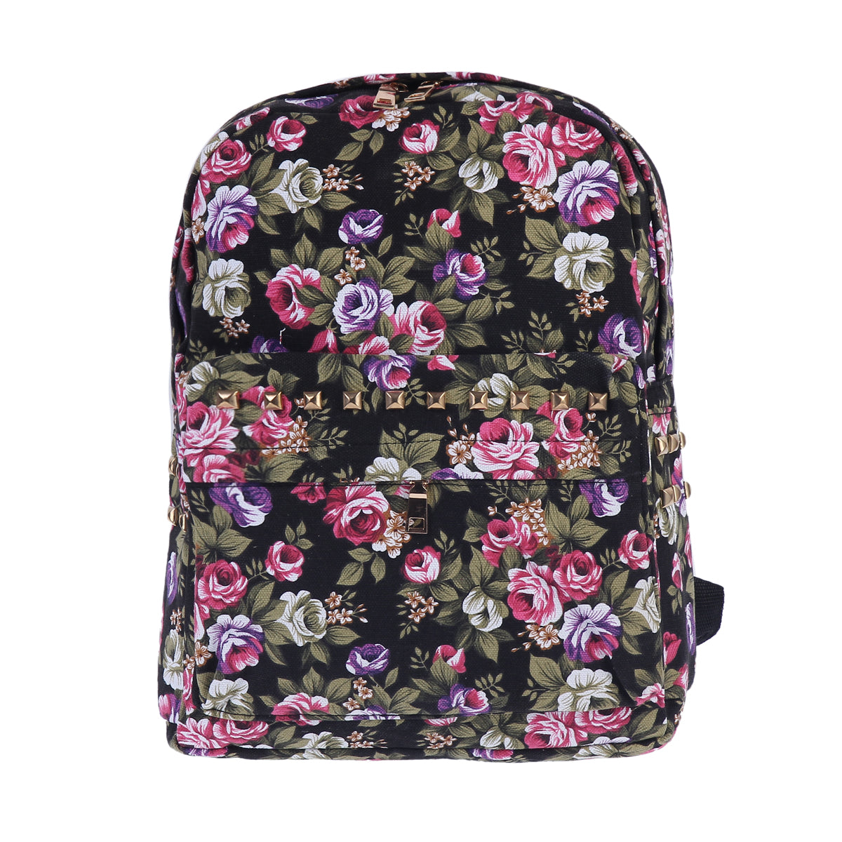 Floral Rivet Canvas Backpack, Vintage Style Daypack for Women